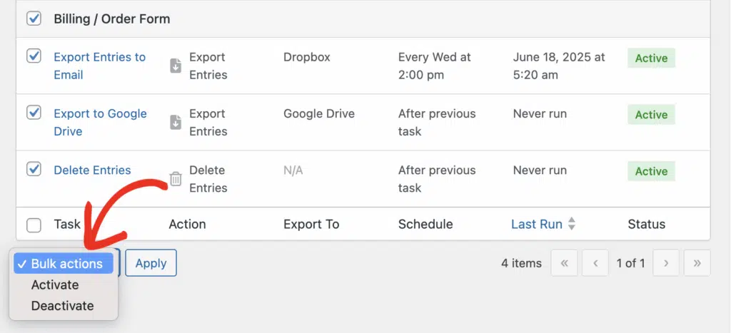bulk actions dropdown