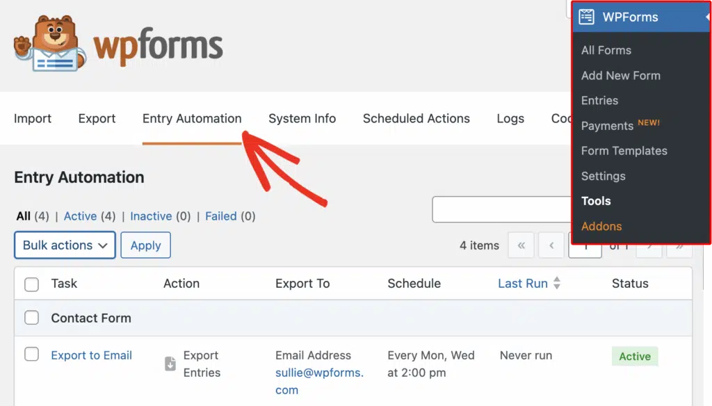 entry automation tab