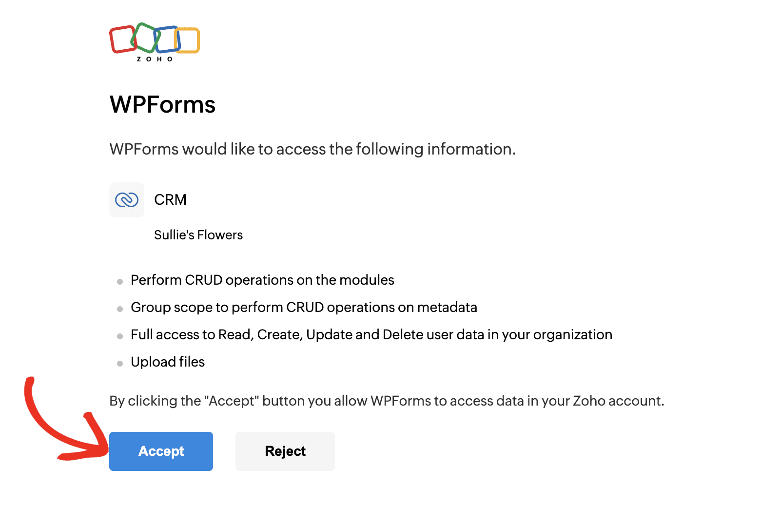 Solicitud de permisos de Zoho CRM