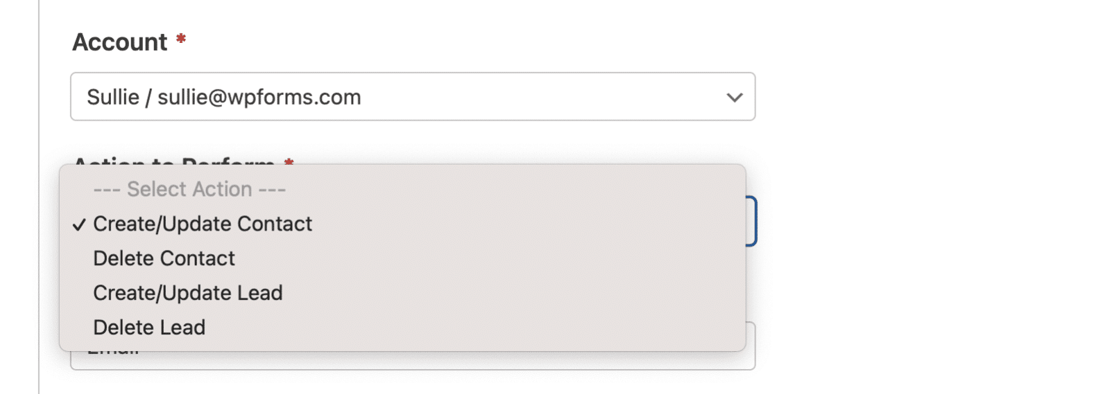 action-to-perform - WPForms Acción a realizar desplegable