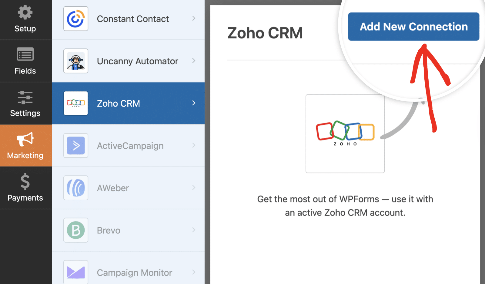 Añadir nueva conexión Zoho CRM en el constructor de formularios