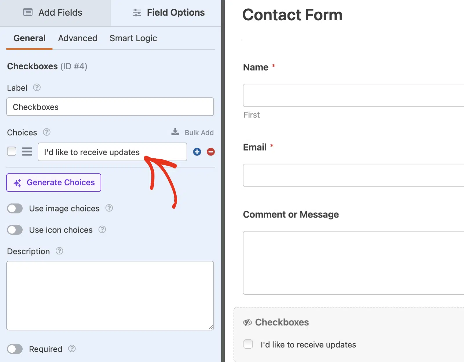 Checkbox field options