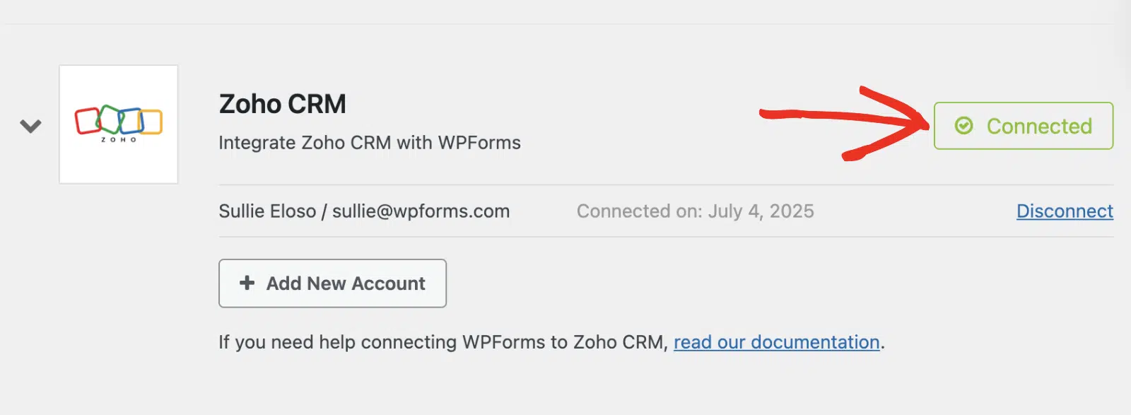 Zoho CRM connected status