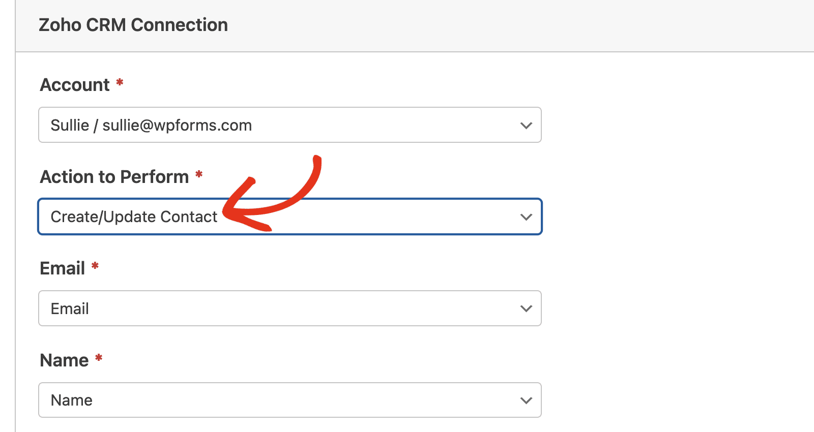 create-update-contact-action - WPForms Crear acción de contacto de actualización