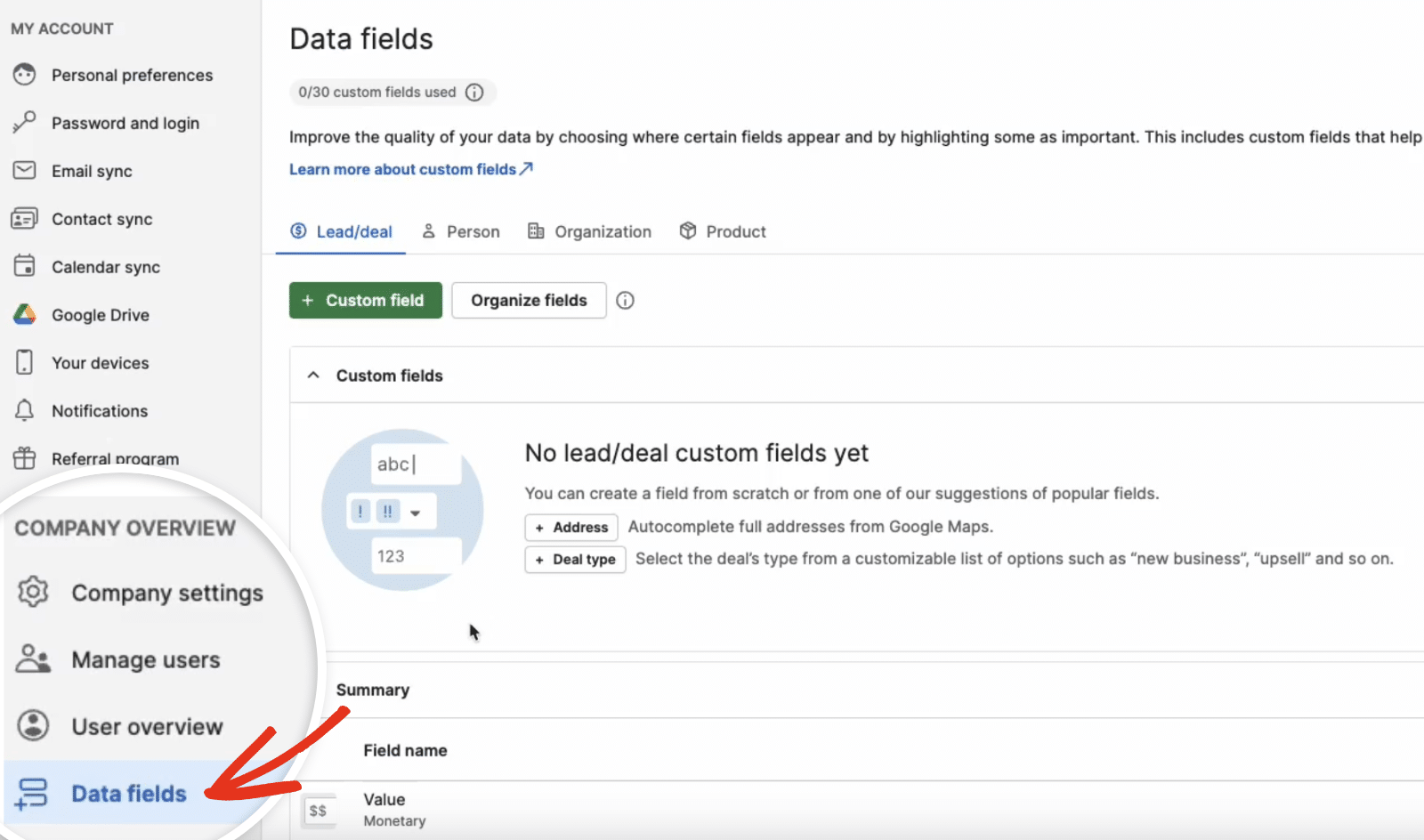 Data fields page in Pipedrive