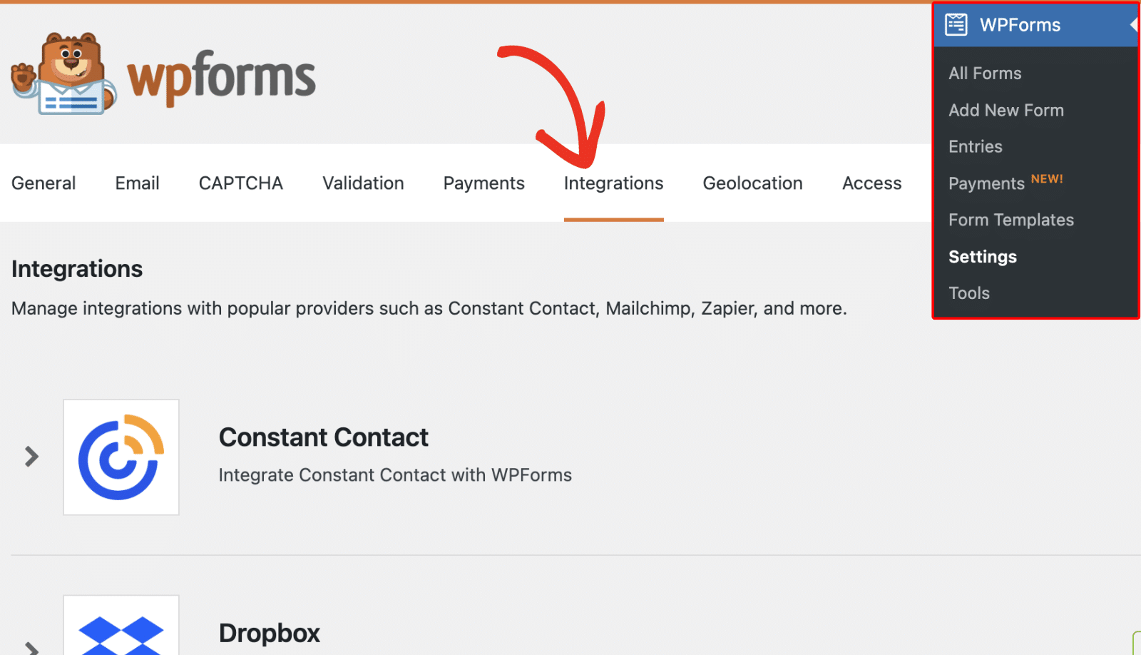 Pestaña de integraciones de WPForms