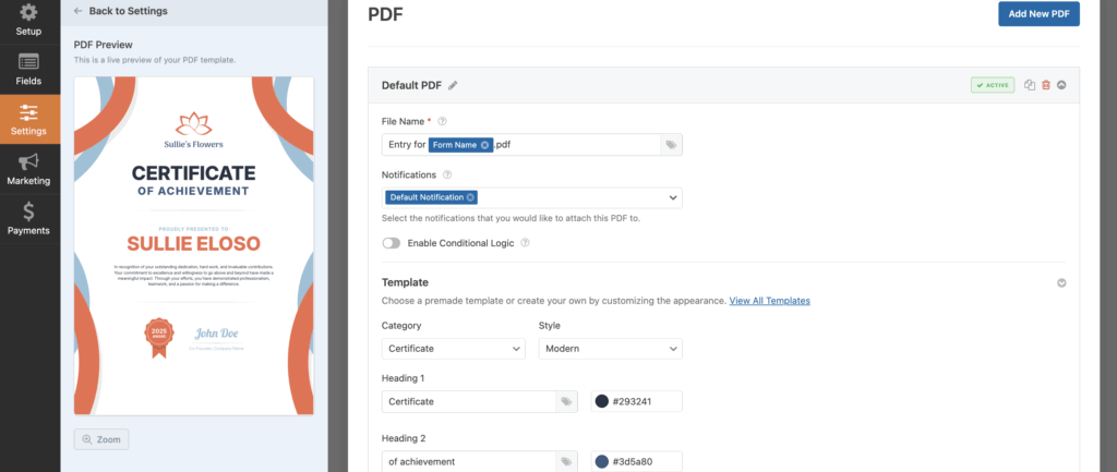 PDF-Vorlage im WPForms Form Builder