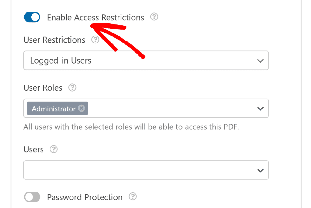 Enable access restrictions PDF addon