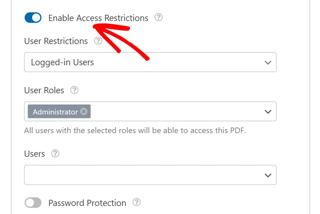 Enable access restrictions PDF addon