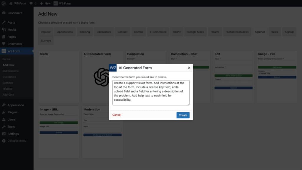 create form ws forms ai