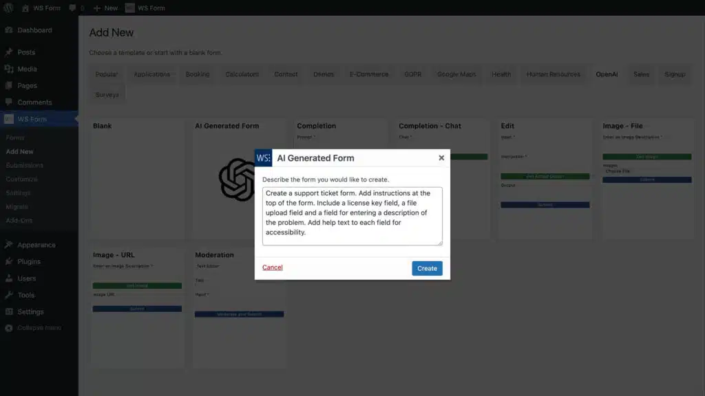 créer un formulaire ws forms ai