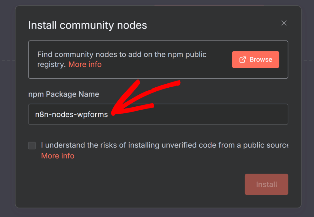 wpforms-community-node - WPForms npm-Paketname eingeben