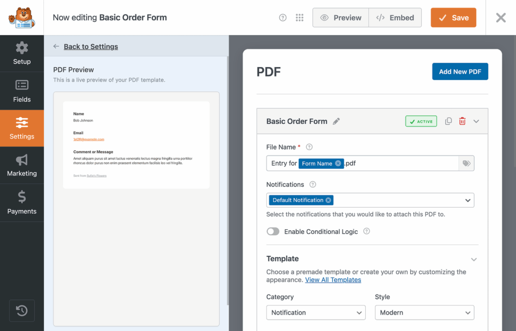 Impostazioni del modulo PDF