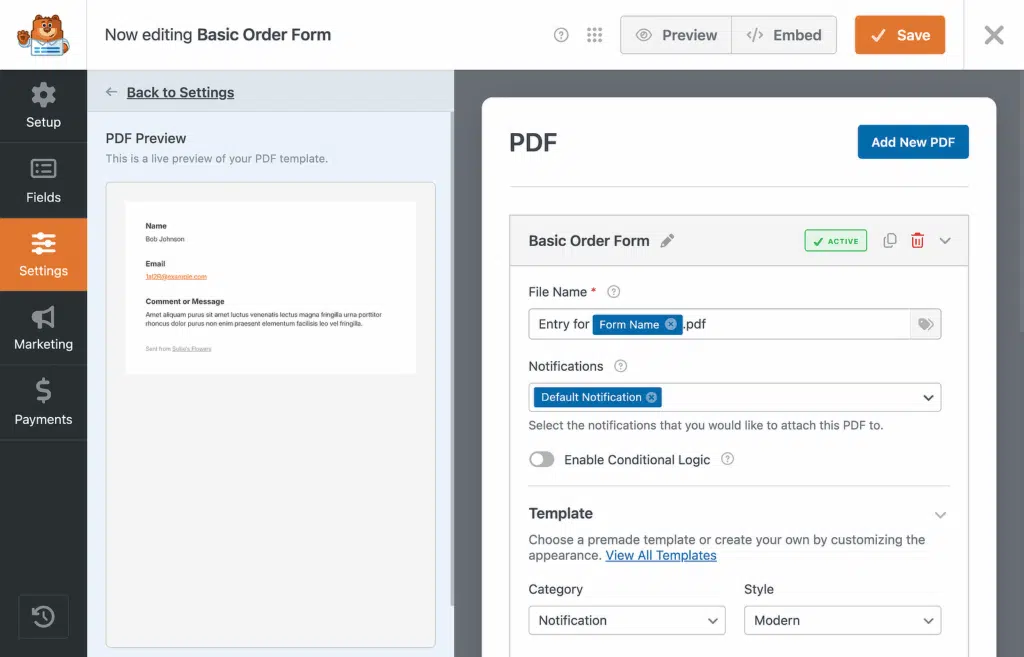 PDF form settings