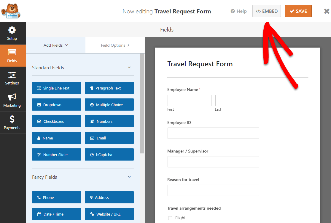 embed online travel request form in wordpress