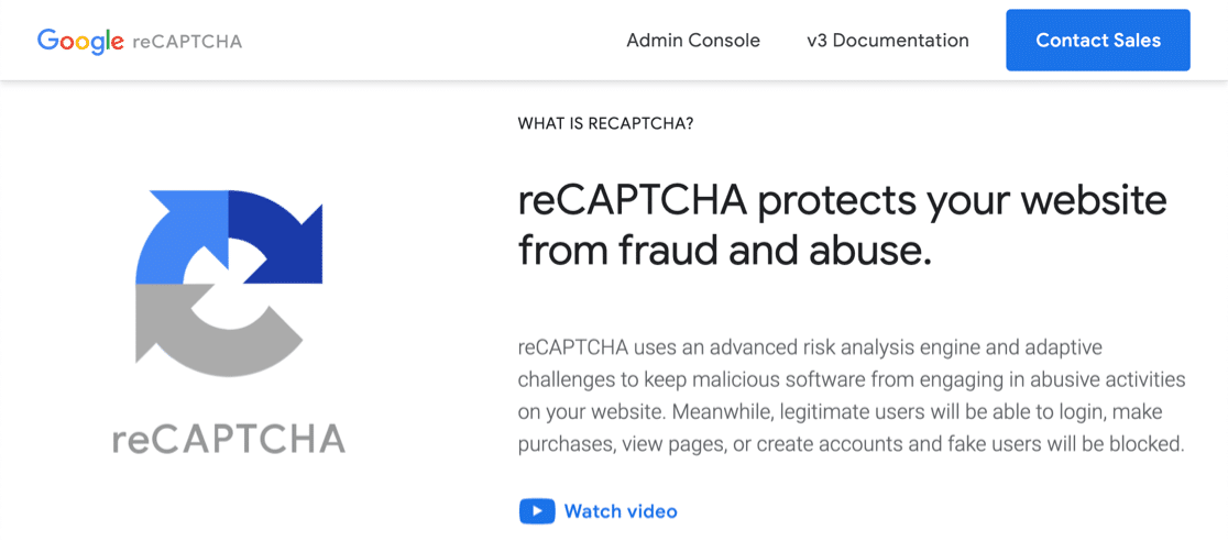 Google reCAPTCHA homepage