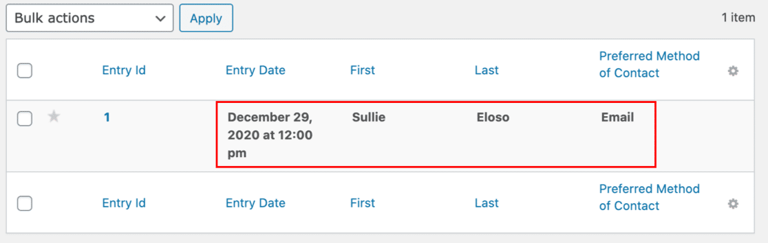 Gravity Forms entry in WordPress backend