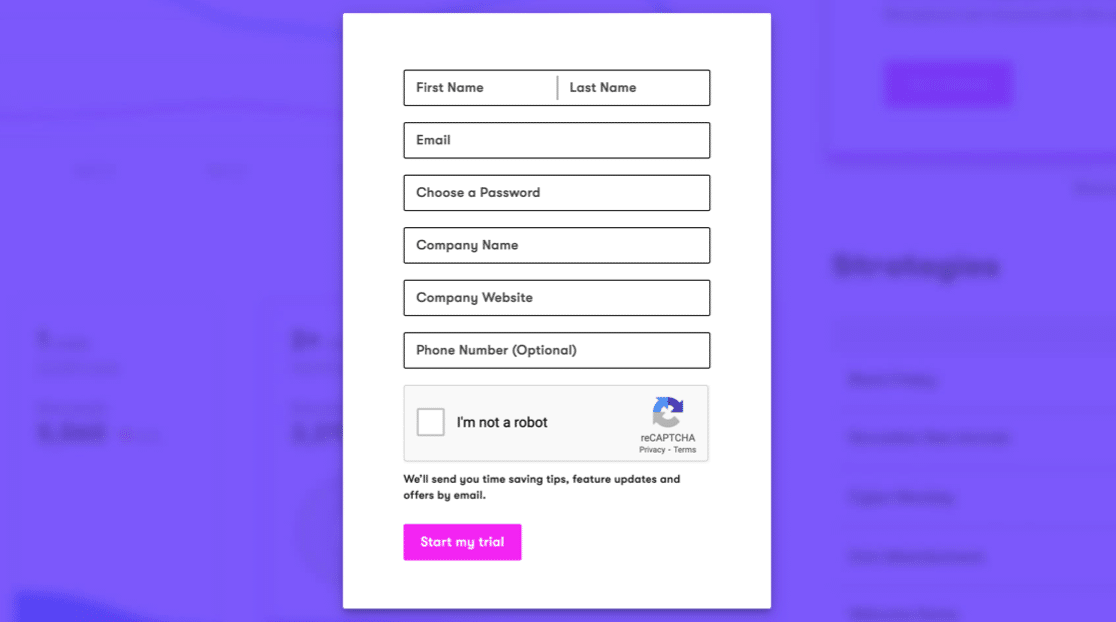 Landing page form with placeholders