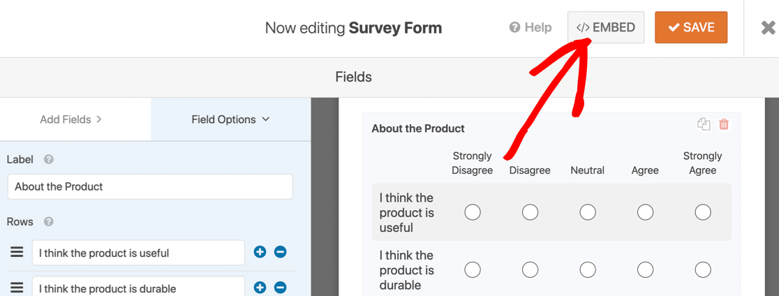 Embed button at the top of Likert Scale survey