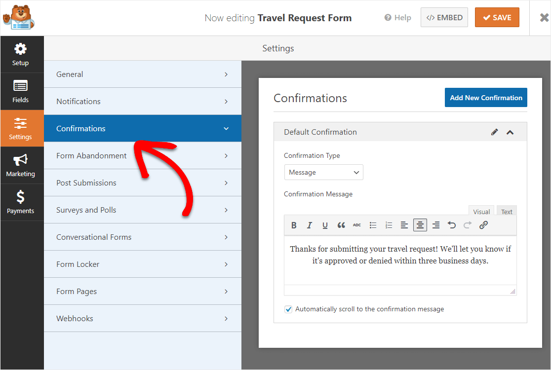 travel request form confirmation message wpforms