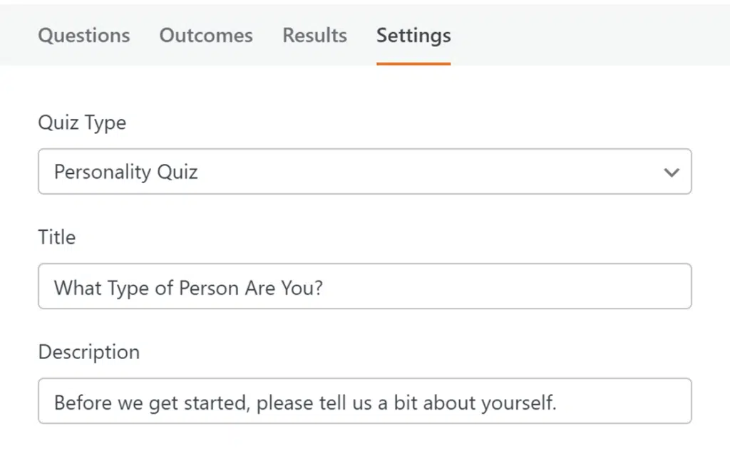 Personality quiz settings