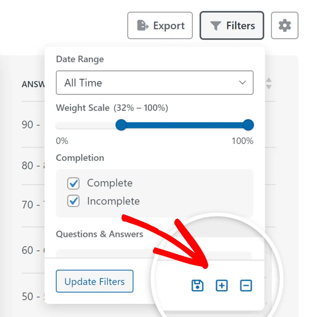 quiz results filter options