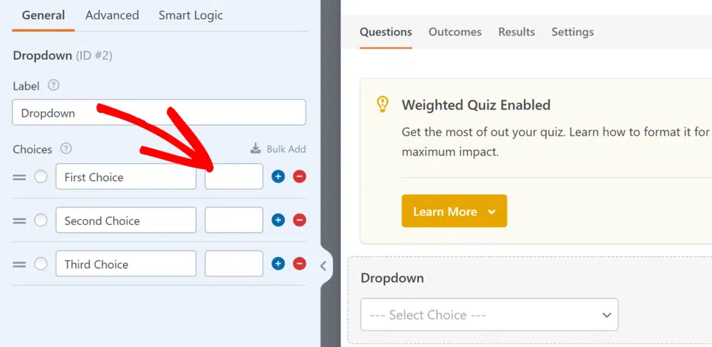Set weights for answers