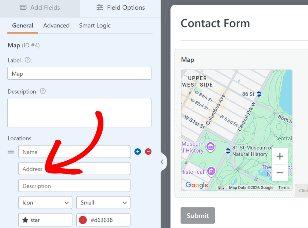 Adding address in the Map field