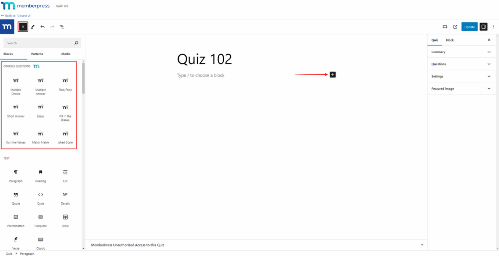 adding quiz blocks memberpress