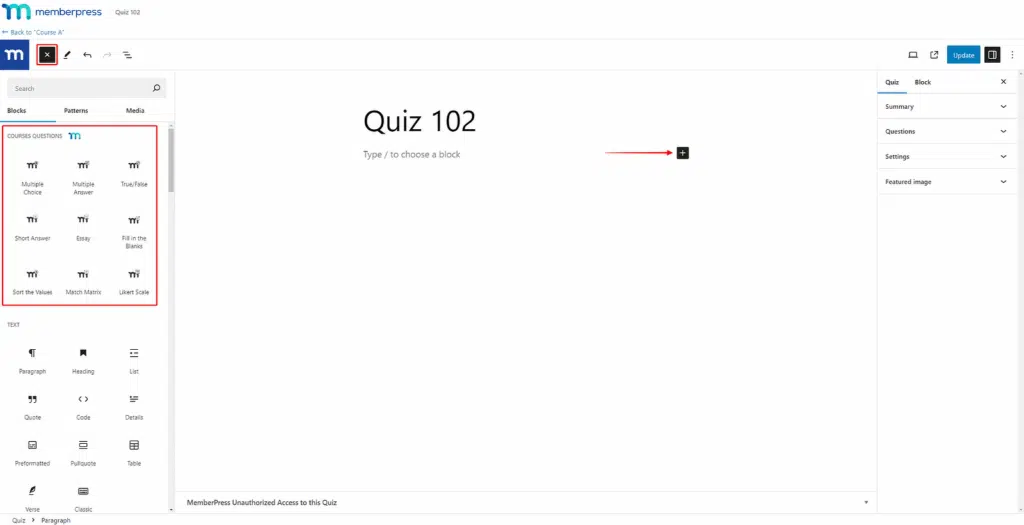 adding quiz blocks memberpress