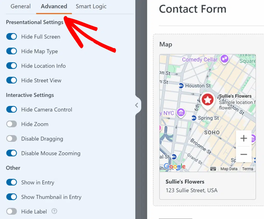 advanced tab settings map field