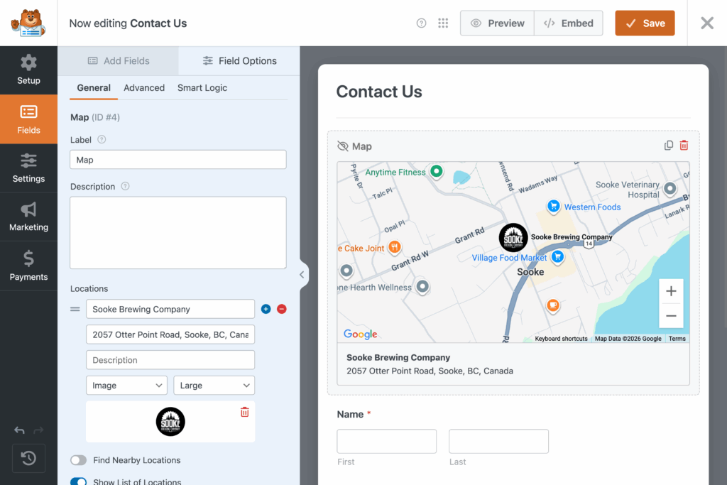 Formulário de contato WPForms com um mapa incorporado