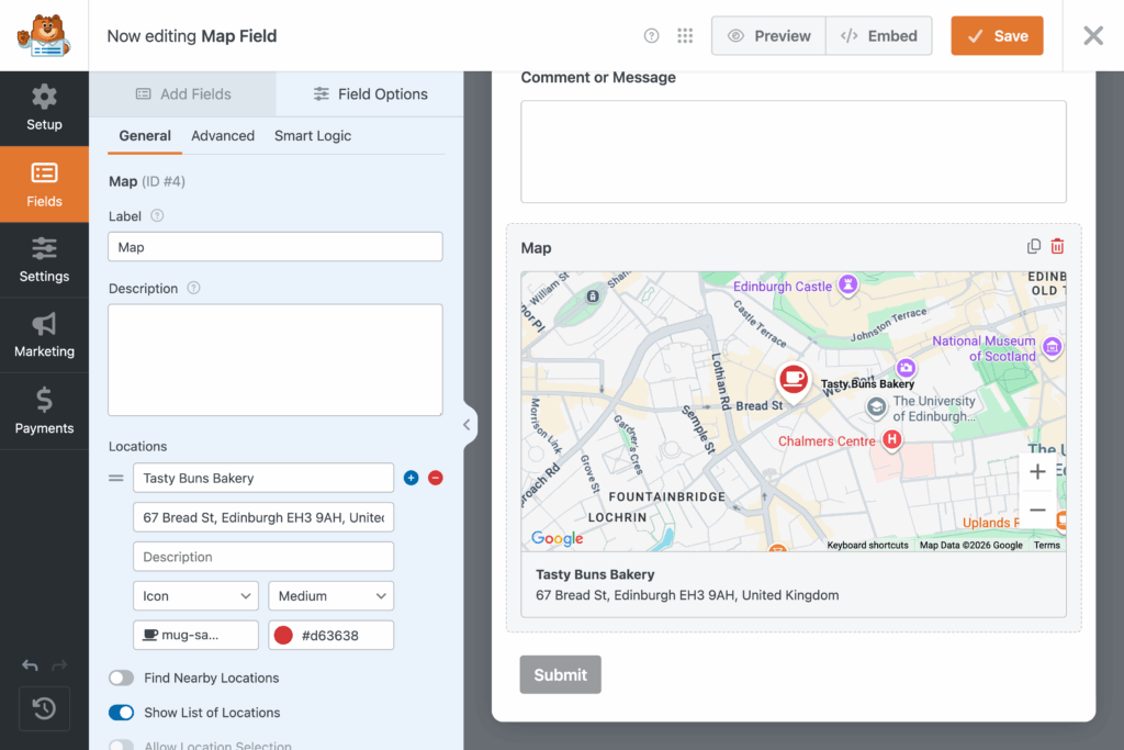 Campo Mapa WPForms no criador de formulários
