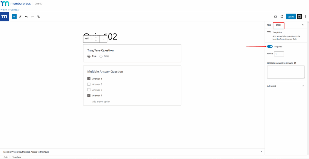 quiz question answer memberpress