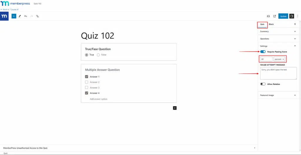 required passing score memberpress
