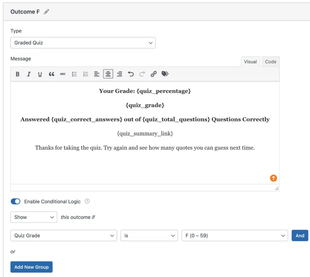 set up graded quiz outcomes
