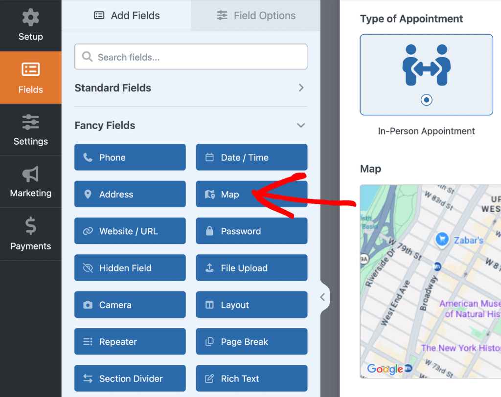 select the map field