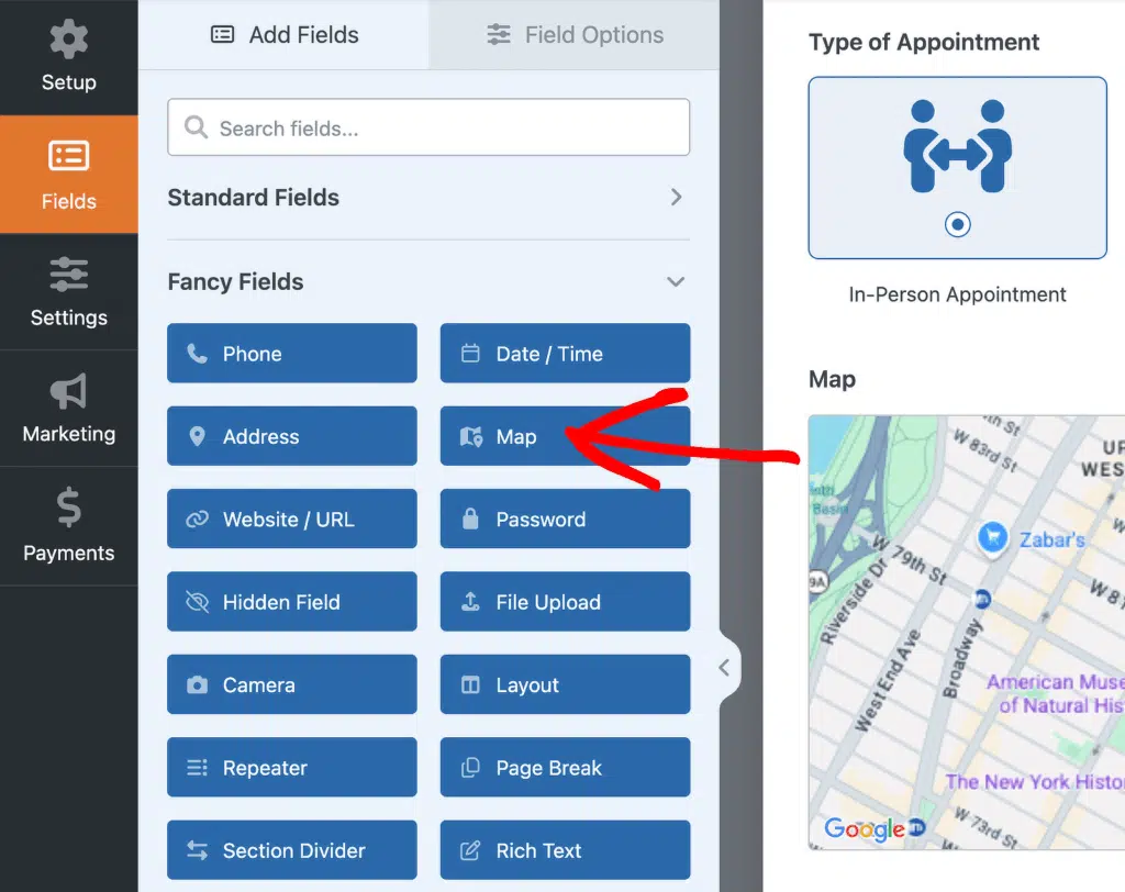 select the map field