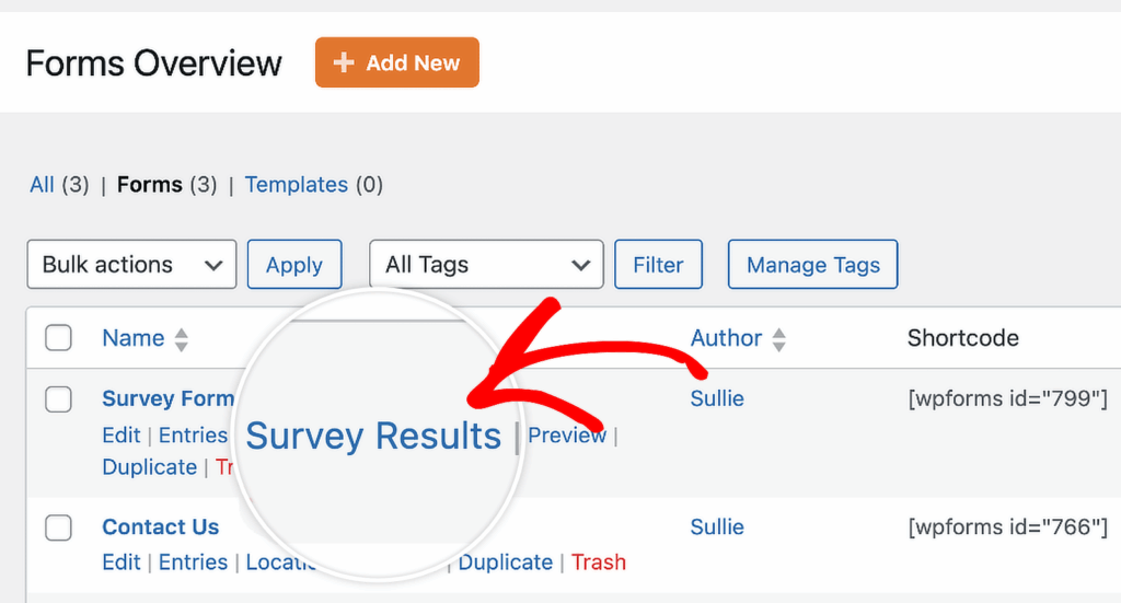 wpforms entries with survey results