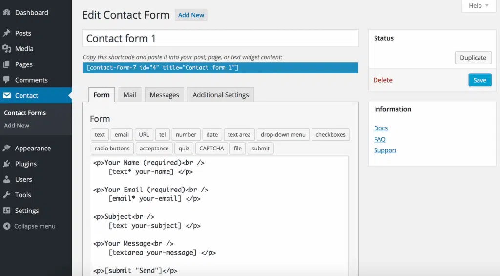 contact form 7 editor