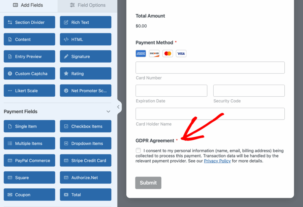 GDPRに基づく支払いフォームの例
