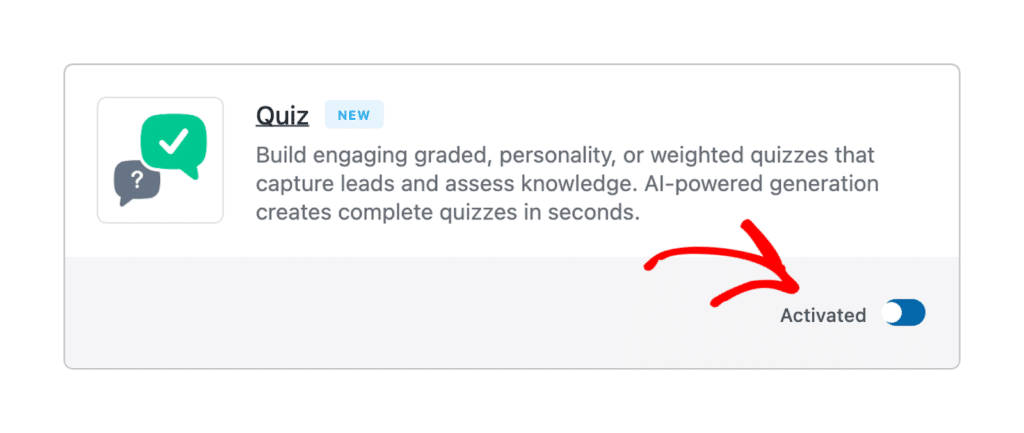 Tarjeta de interfaz de usuario para la función «Quiz» con un icono a la izquierda, una insignia que indica «NUEVO», un texto descriptivo y un interruptor en el lado derecho que muestra «Activado» cuando está en la posición de encendido