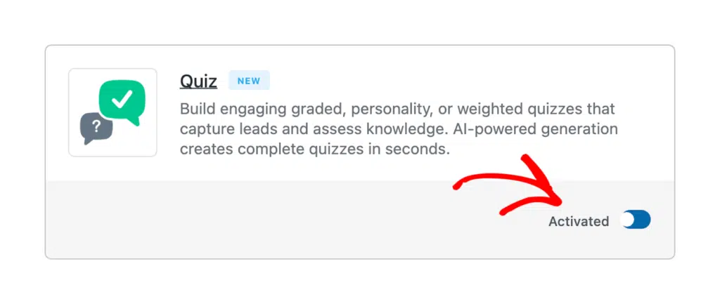UI card for'Quiz' feature with left icon, 'NEW' badge, descriptive text, and a right-side toggle showing 'Activated' in the on position