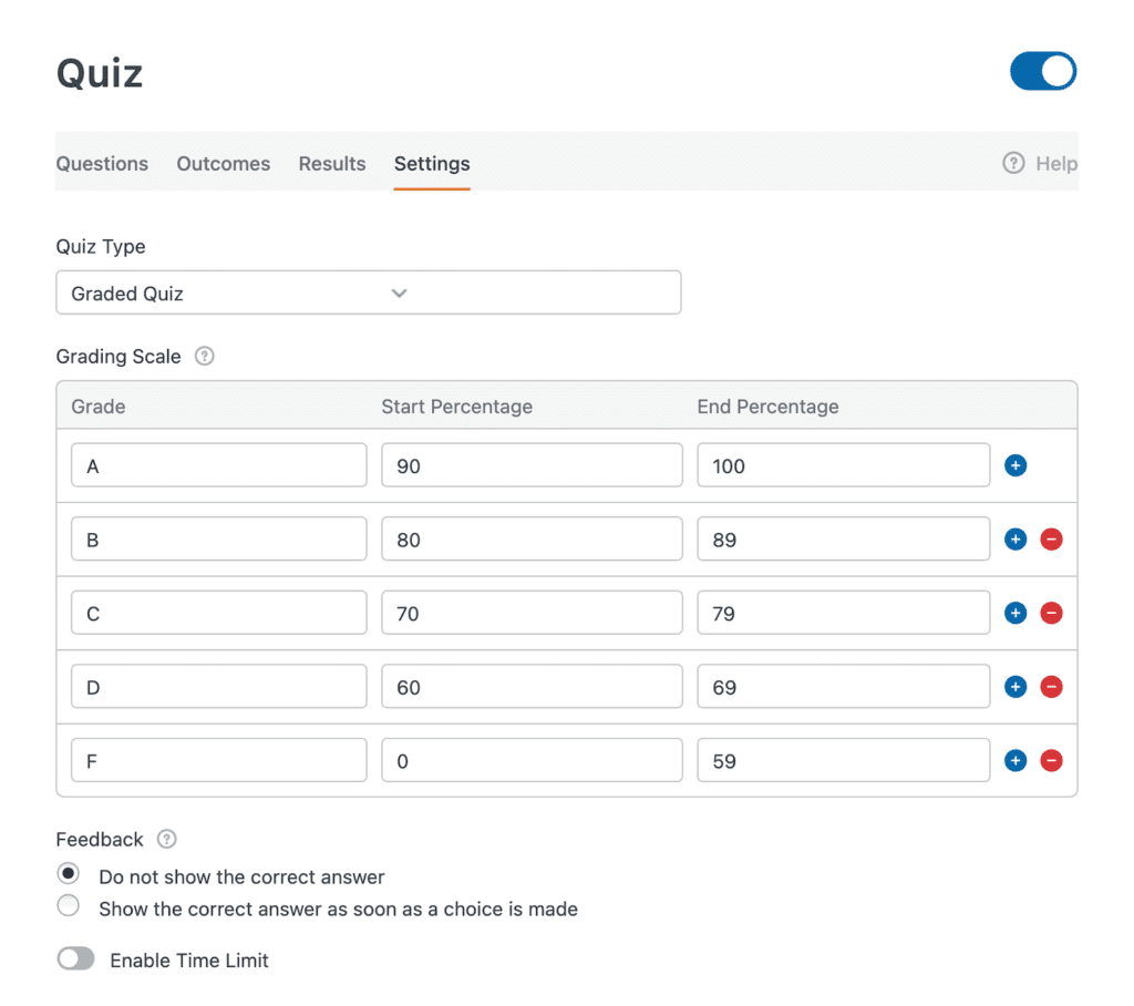 Página de configuración de pruebas que muestra el tipo de prueba «Calificada» y una tabla de calificación de la A a la F con porcentajes de inicio y fin, así como controles de aumento y disminución.