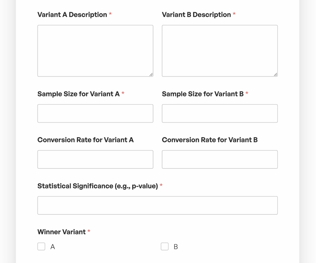 Tableau à deux colonnes permettant de comparer la variante A et la variante B, avec des descriptions, la taille des échantillons, les taux de conversion, la signification statistique et des cases à cocher pour indiquer la variante gagnante (A ou B).