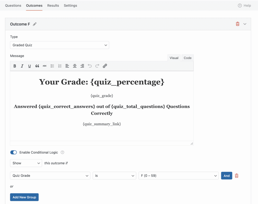 Panel de edición para el resultado de un cuestionario denominado «Resultado F», configurado como «Cuestionario calificado» con un mensaje que utiliza marcadores de posición como {quiz_percentage}.