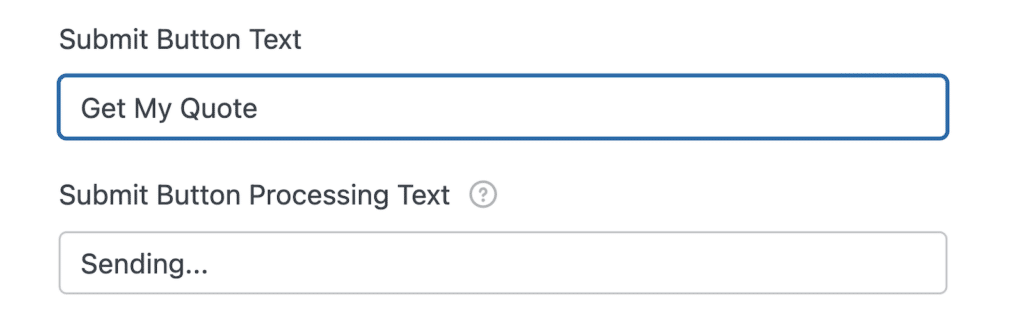 Formulaire d'interface utilisateur comportant un grand bouton au contour bleu intitulé « Obtenir mon devis » et un message de traitement gris « Envoi en cours... » situé sous une étiquette « Texte de traitement du bouton Soumettre » accompagnée d'une icône d'information