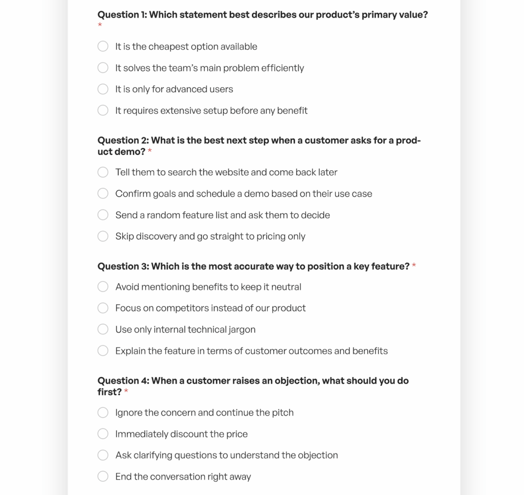 Captura de pantalla de una encuesta de varias preguntas con opciones de botones de selección sobre el valor del producto y las demostraciones, mostrada en un formulario centrado.
