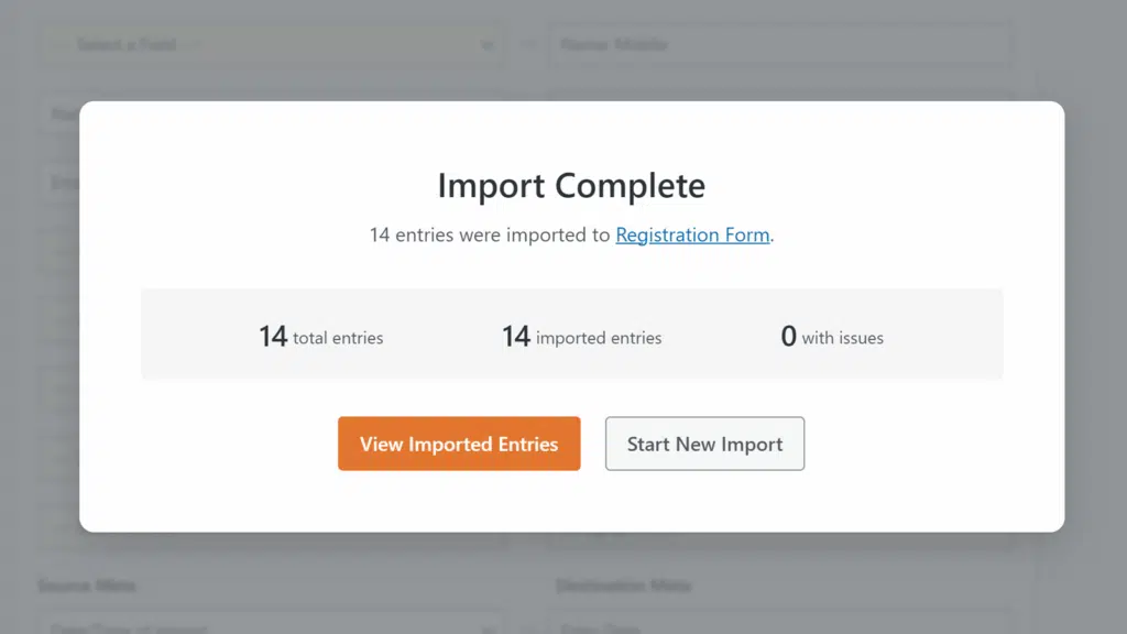 import-completed - WPForms Import complete modal: 14 entries imported to Registration Form; summary shows 14 total, 14 imported, 0 with issues. Actions: View Imported Entries and Start New Import.
