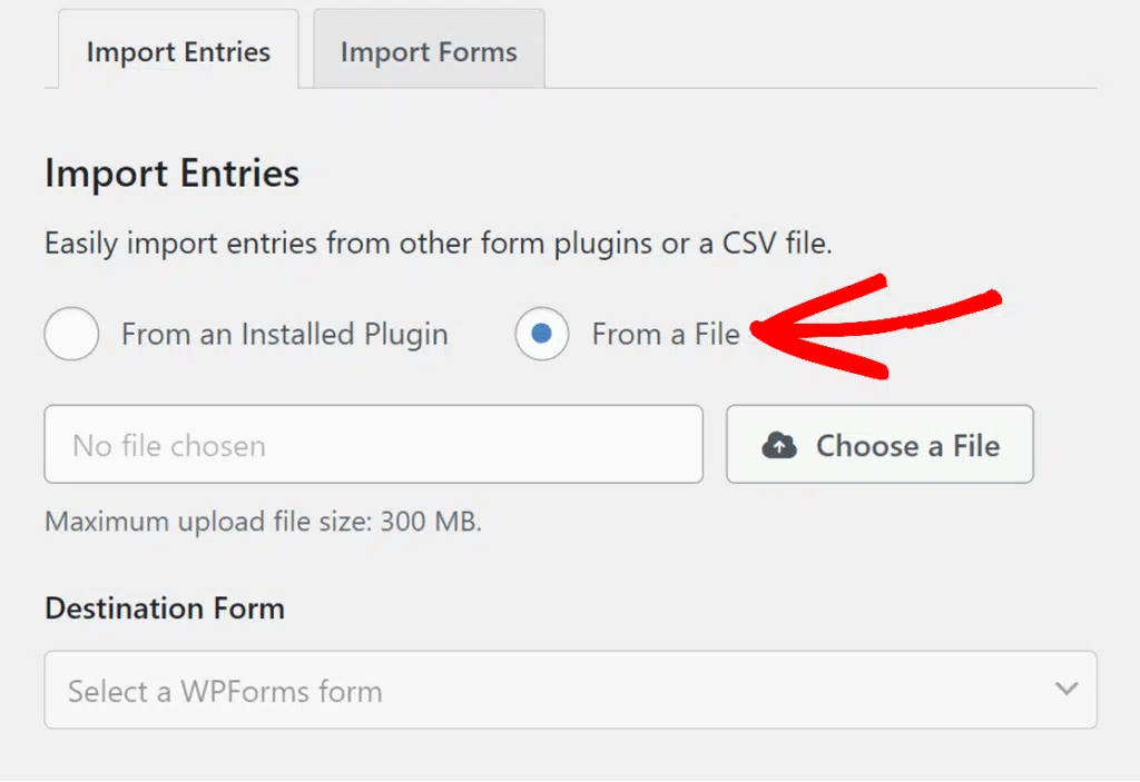import-from-csv - WPForms Import Entries panel with tabs 'Import Entries' and 'Import Forms'; 'From a File' selected, showing a file input ('No file chosen') and a 'Choose a File' button; note 'Maximum upload file size: 300 MB' and a 'Destination Form' dropdown labeled 'Select a WPForms form'.